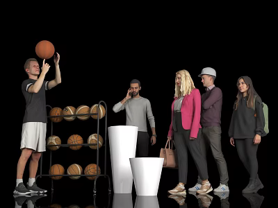 Group of People Playing Basketball With Shooting Action And Basketball Racks 3d model