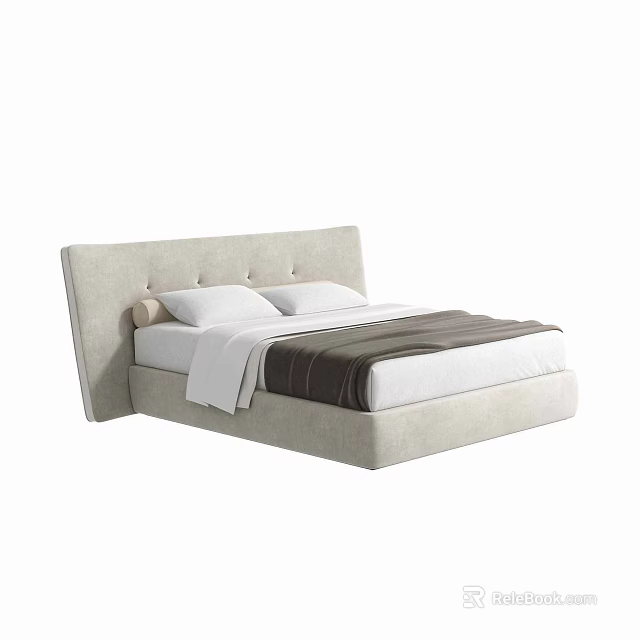 Modern Light Colored Tufted Headboard Double Bed With White Sheets And Dark Blanket 3d model