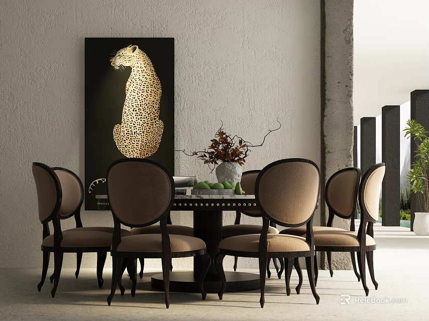 Modern Dining Table Set With Six Chairs Leopard Painting And Vase Plants 3d model 