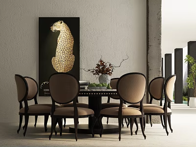 Modern Dining Table Set With Six Chairs Leopard Painting And Vase Plants 3d model