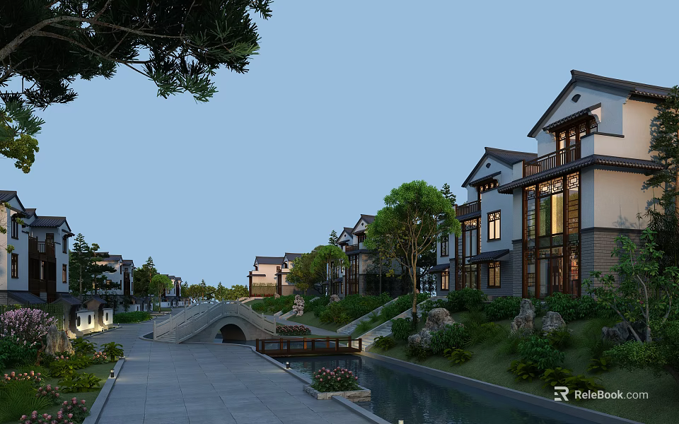 Traditional Chinese Style Townhouses With Stone Bridge Water Canal And Lush Greenery 3d model 