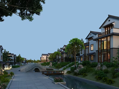 Traditional Chinese Style Townhouses With Stone Bridge Water Canal And Lush Greenery 3d model