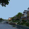 Traditional Chinese Style Townhouses With Stone Bridge Water Canal And Lush Greenery