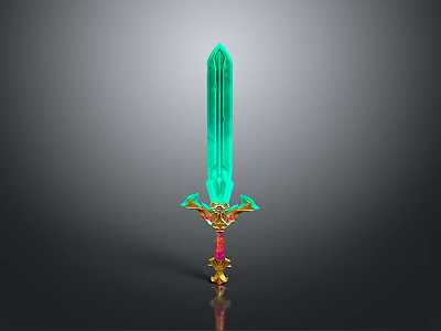 Glowing Green Crystal Sword With Golden Hilt And Red Accents 3d model