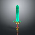 Glowing Green Crystal Sword With Golden Hilt And Red Accents