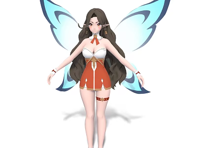 Fantasy Game Female Character With Blue Butterfly Wings Long Brown Hair And Red White Outfit 3d model