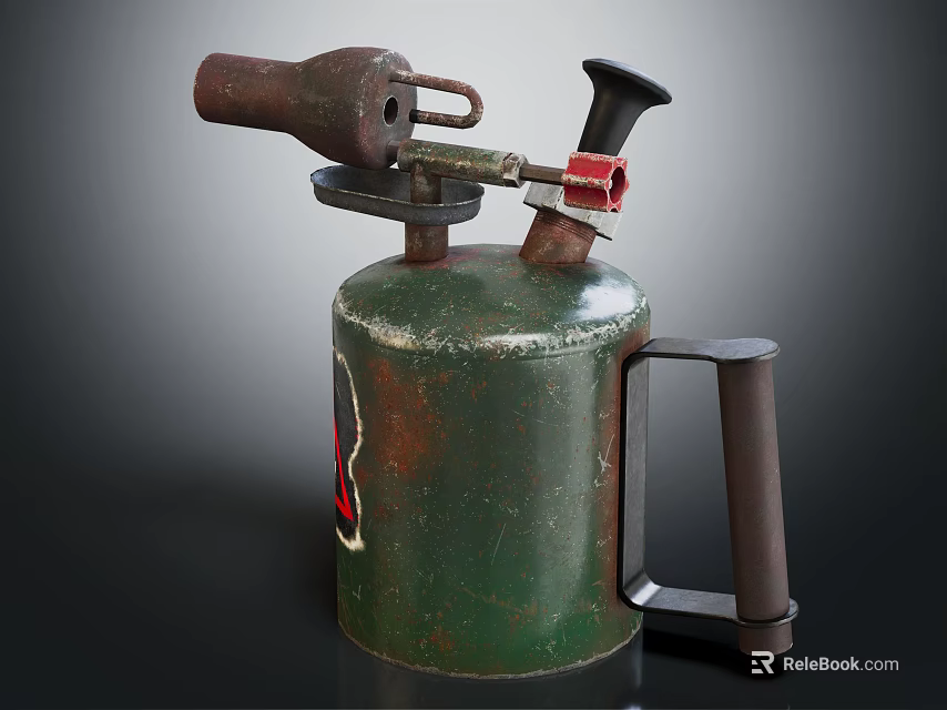 Vintage Industrial Green Rusty Metal Blowtorch With Handle And Nozzle Design 3d model 