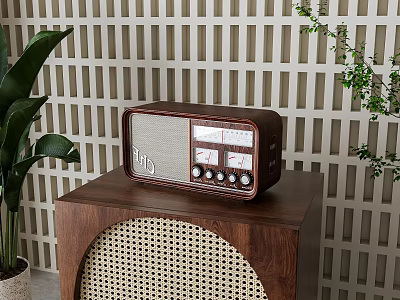 Vintage Radio On Wooden Cabinet With Lattice Wall And Green Plant 3d model