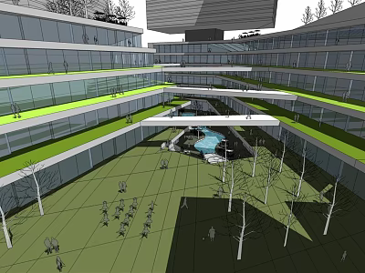 Modern Commercial Complex Design With Open Courtyard Green Spaces And Glass Facade 3d model