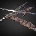 Ancient Crossed Swords And Dagger With Metal Blades And Leather Wrapped Hilts On Dark Background
