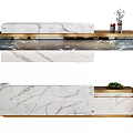 Modern Reception Desk Design With Marble Surface Gold Frame And Decorative Plants 3d model