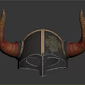 Decorative Viking Helmet With Red Horns And Intricate Metal Engraved Design