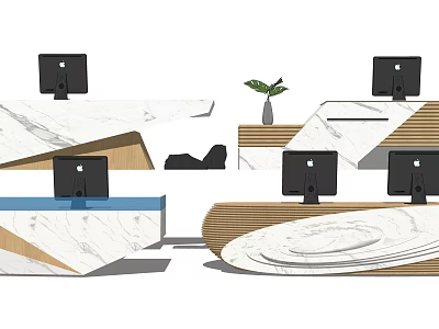 Modern Reception Desk With Marble Surface Wooden Accents Desk Monitors And Potted Plant 3d model