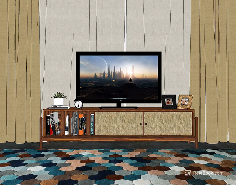 Wooden TV Stand With TV Plant Clock Photo Frames Books And Colorful Geometric Rug 3d model 