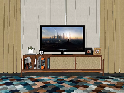 Wooden TV Stand With TV Plant Clock Photo Frames Books And Colorful Geometric Rug 3d model