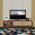 Wooden TV Stand With TV Plant Clock Photo Frames Books And Colorful Geometric Rug