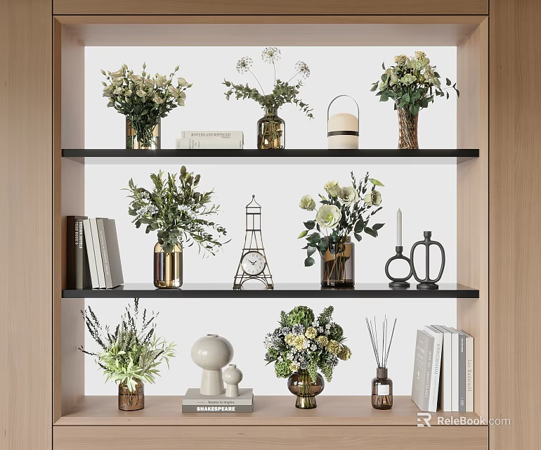 Decorative Vases with Fresh Flowers on Wooden Shelves with Books and Sculptures 3d model 
