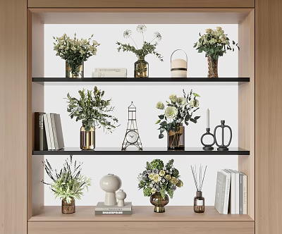 Decorative Vases with Fresh Flowers on Wooden Shelves with Books and Sculptures 3d model