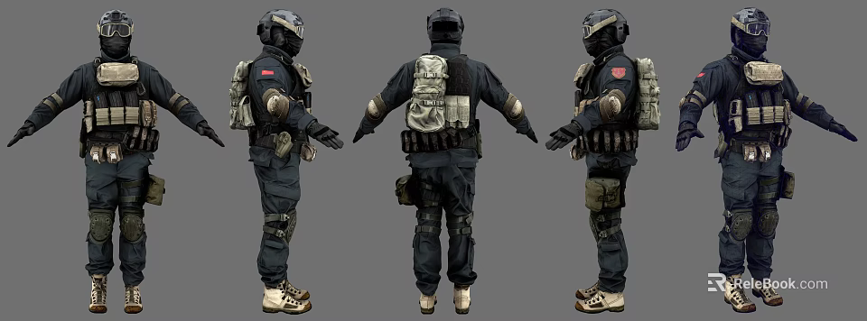 Man in Tactical Military Uniform with Backpack and Protective Gear from Multiple Angles 3d model 