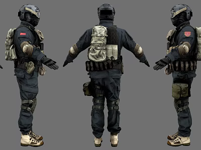 Man in Tactical Military Uniform with Backpack and Protective Gear from Multiple Angles 3d model