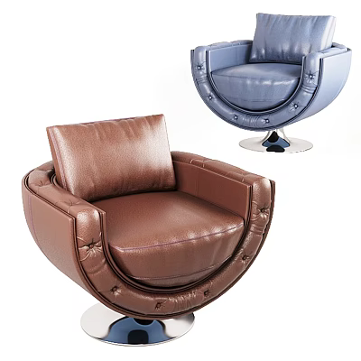 Brown And Blue Leather Single Sofa With Round Shape And Metal Base Modern Design 3d model