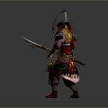 Fantasy Warrior Character With Mythical Creature Headpiece And Ornate Red Gold Costume