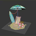 Modern Beach Leisure Scene With Striped Umbrella Surfboard Lounge Chair Small Round Table And Lifebuoy