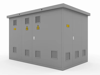 Industrial Gray Equipment Cabinet With Multiple Doors Ventilation Vents And Warning Signs 3d model