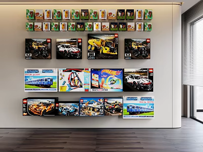 Assorted Lego Sets Collection Displayed On White Wall In Modern Room 3d model