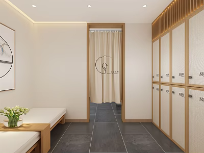 SPA Sauna Locker Room Interior With Wooden Lockers Bench And Dark Tiled Floor 3d model