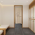 SPA Sauna Locker Room Interior With Wooden Lockers Bench And Dark Tiled Floor