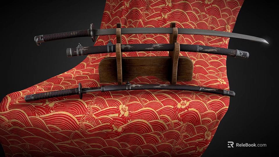 Traditional Japanese Swords Displayed On Wooden Stand With Red Gold Patterned Background 3d model 