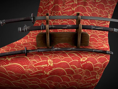 Traditional Japanese Swords Displayed On Wooden Stand With Red Gold Patterned Background 3d model