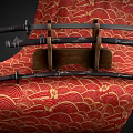 Traditional Japanese Swords Displayed On Wooden Stand With Red Gold Patterned Background