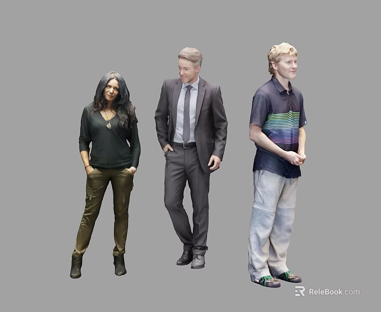 Three People Standing In Casual And Formal Attire Against Gray Background 3d model 