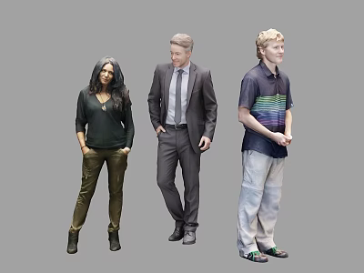 Three People Standing In Casual And Formal Attire Against Gray Background 3d model