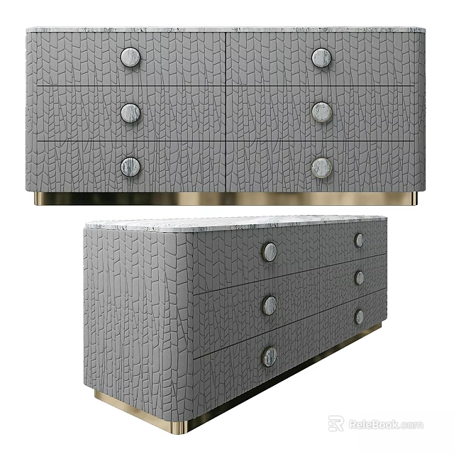 Gray Textured Storage Dresser With Round Metal Knobs And Gold Base 3d model