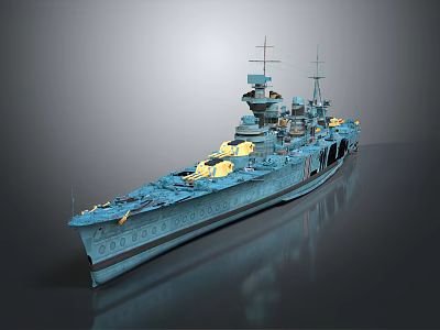 Detailed Blue Battleship Model Featuring Deck Turrets And Realistic Structural Design 3d model