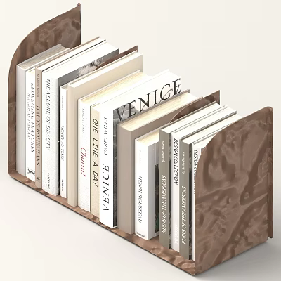 Wooden Book Shelf With Stacked Books Various Titles And Venice Book 3d model