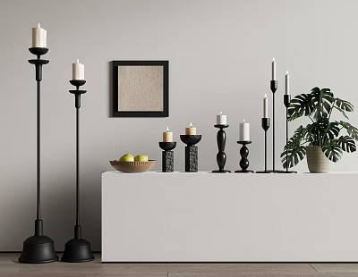 Black Candle Lamps In Different Heights On White Console With Green Plant And Fruit Bowl 3d model