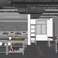 Bright Commercial Kitchen Interior With Stainless Steel Worktables Fresh Produce And Hanging Lights