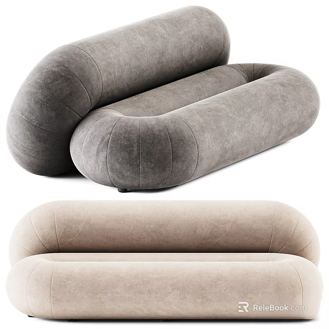 Modern Curved Gray And Beige Upholstered Sofa Set With Rounded Design 3d model