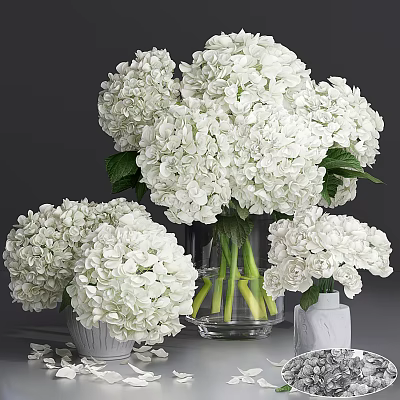 Fresh White Hydrangea Flowers In Glass And Ceramic Vases With Green Leaves 3d model