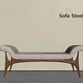 Elegant Modern Sofa Stool With White Striped Upholstery And Wooden Legs