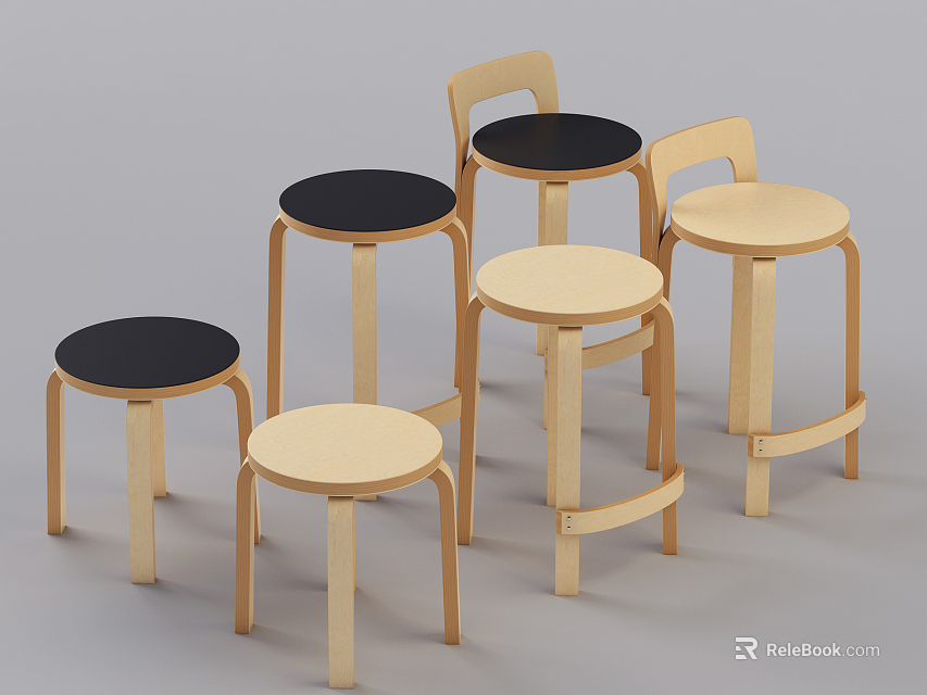 Modern Minimalist Wooden Bar Stools With Black And Light Seats Design 3d model 