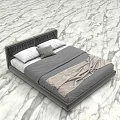 Gray Double Bed with Leather Frame Beige Bedding and Pillows on Marble Floor 3d model