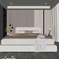 Modern Bedroom Interior With Large Bed Light Bedding Nightstands Table Lamps Rug And Accent Chair