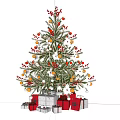 Decorated Christmas Tree With Red Berries White Orange Balls Snowflakes And Gift Boxes