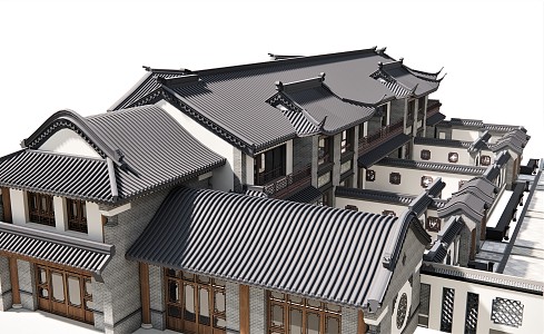 Chinese-style townhouse ancient architecture courtyard villa tile eaves window grilles 3d model