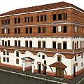 Traditional Red Brick Multi Story Building With Red Tile Roof Arched Windows And Wooden Accents
